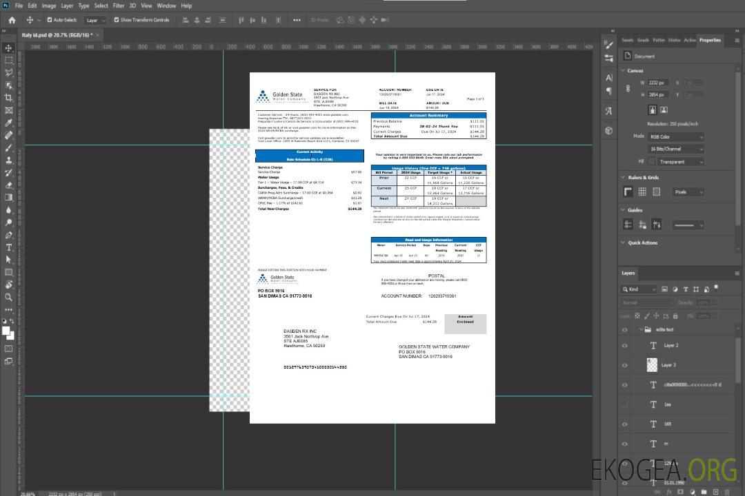 Modèle de facture de services publics de la Golden State Water Company des États-Unis, de la Californie, aux formats Word et PDF template